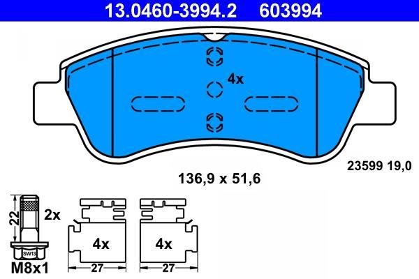 Jeu de 4 plaquettes de frein ATE ref. 13.0460-3994.2