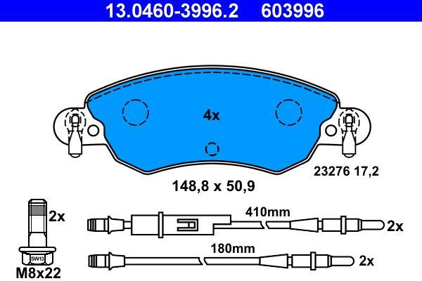 Jeu de 4 plaquettes de frein ATE ref. 13.0460-3996.2