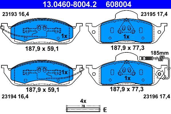 Jeu de 4 plaquettes de frein ATE ref. 13.0460-8004.2