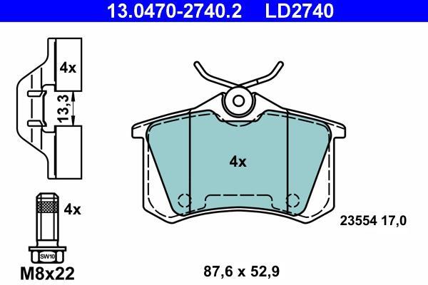 Jeu de 4 plaquettes de frein ATE ref. 13.0470-2740.2