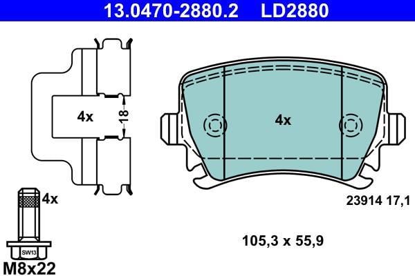 Jeu de 4 plaquettes de frein ATE ref. 13.0470-2880.2