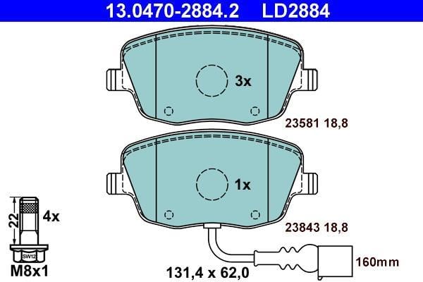 Jeu de 4 plaquettes de frein ATE ref. 13.0470-2884.2