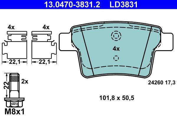 Jeu de 4 plaquettes de frein ATE ref. 13.0470-3831.2
