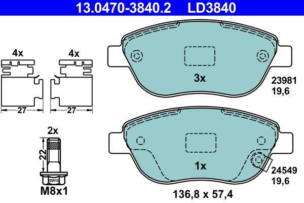 Jeu de 4 plaquettes de frein ATE ref. 13.0470-3840.2
