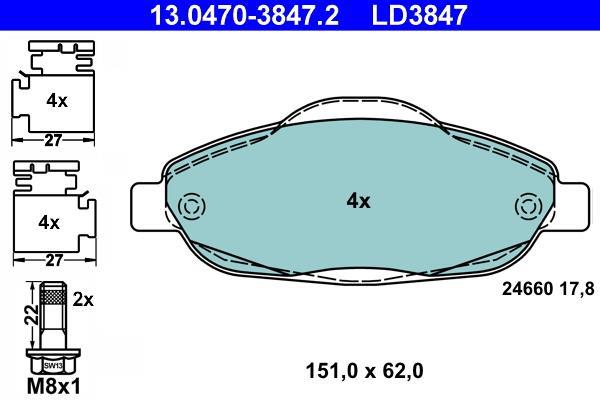 Jeu de 4 plaquettes de frein ATE ref. 13.0470-3847.2