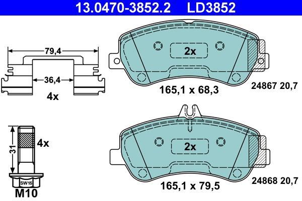 Jeu de 4 plaquettes de frein ATE ref. 13.0470-3852.2