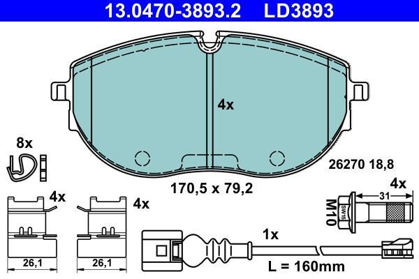 Jeu de 4 plaquettes de frein ATE ref. 13.0470-3893.2