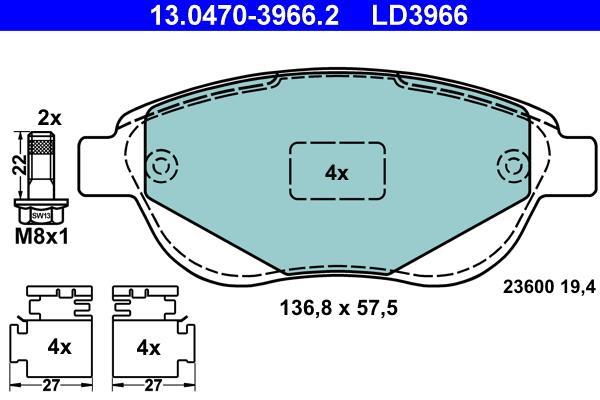 Jogo de 4 pastilhas de travão ATE ref. 13.0470-3966.2