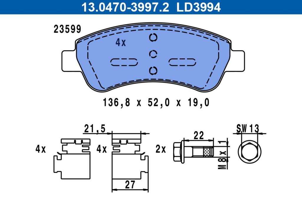 Jeu de 4 plaquettes de frein ATE ref. 13.0470-3994.2