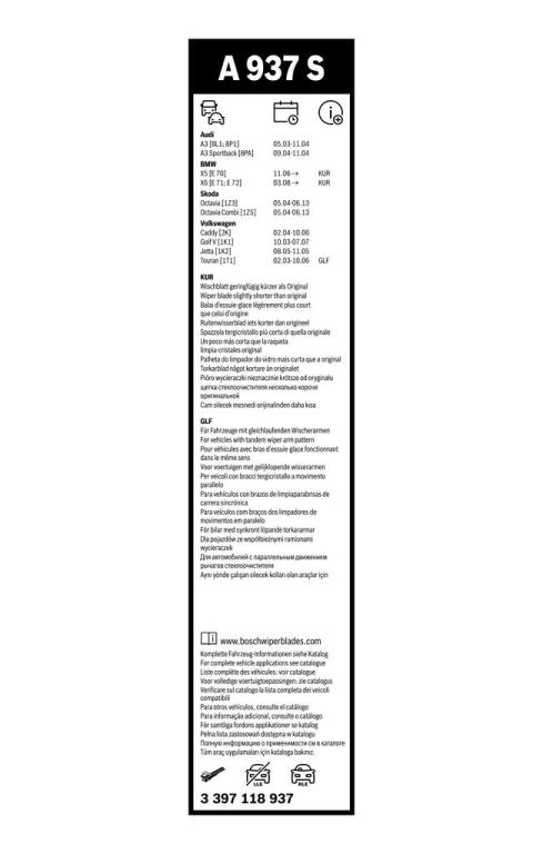 Balai d'essuie-glace (Essuie glace) BOSCH A 937 S - ref. 3 397 118 937