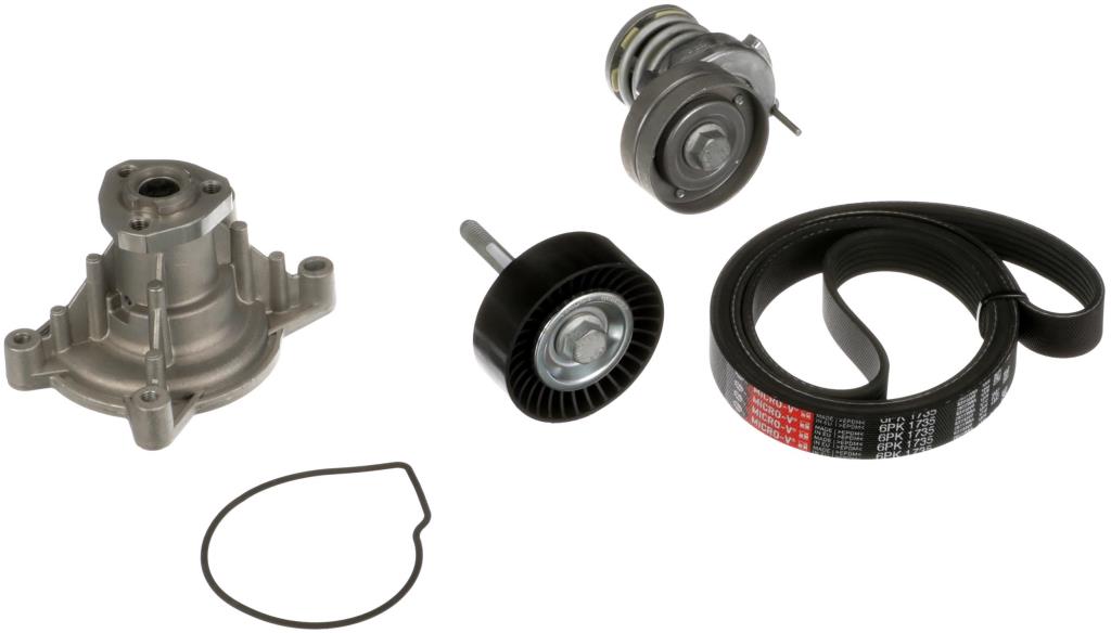 Pompe à eau+Jeu de courroie trapézoïdale à nervures (Pompe à eau et courroie accessoires) GATES ref. KP76PK1735