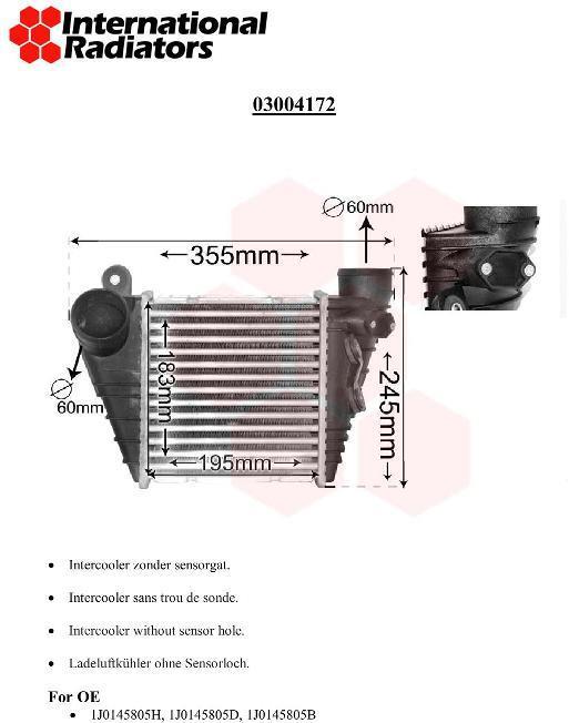 Radiador de admisión, intercooler VAN WEZEL ref. 03004172