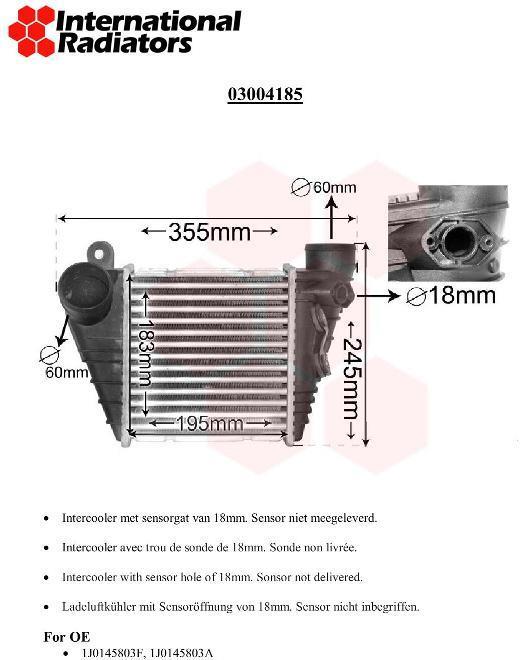 Radiador de admisión, intercooler VAN WEZEL ref. 03004185