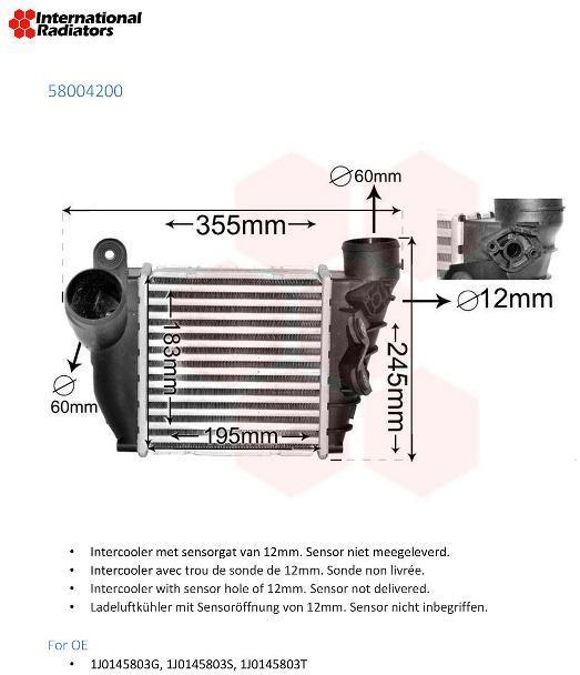 Radiador de admisión, intercooler VAN WEZEL ref. 58004200