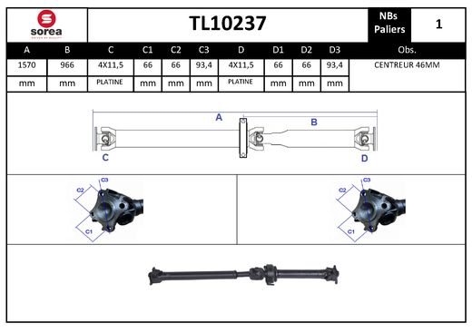 Arbre de transmission, entraînement essieux SNRA ref. TL10237