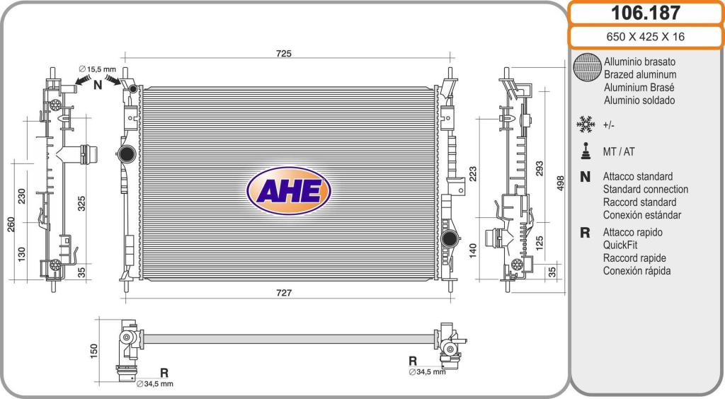 Radiateur moteur (Radiateur de refroidissement) AHE ref. 106.187