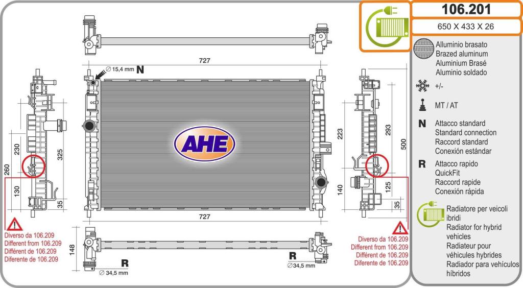 Radiateur moteur (Radiateur de refroidissement) AHE ref. 106.201