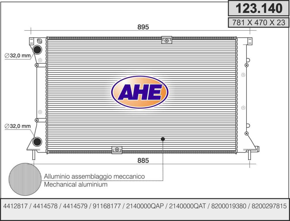 Radiateur moteur (Radiateur de refroidissement) AHE ref. 123.140