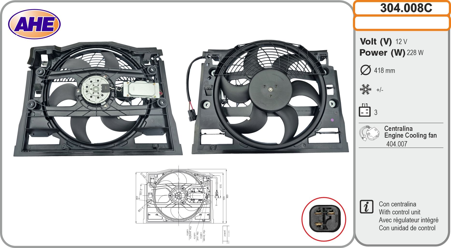 Ventilateur de refroidissement du moteur (Motoventilateur) AHE 304.008C