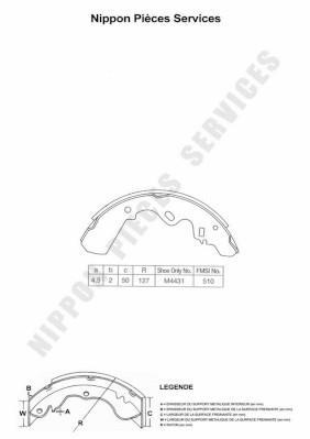 Jeu de 4 mâchoires de frein (Garniture de frein à tambour) NIPPON PIECES SERVICES ref. I350U01