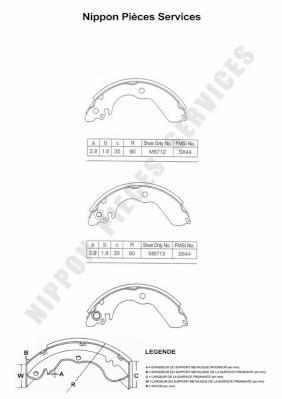 Jeu de 4 mâchoires de frein (Garniture de frein à tambour) NIPPON PIECES SERVICES ref. M350I00