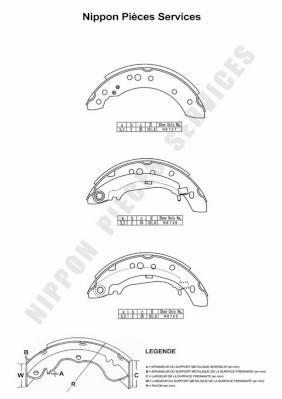 Jeu de 4 mâchoires de frein (Garniture de frein à tambour) NIPPON PIECES SERVICES ref. M350I40