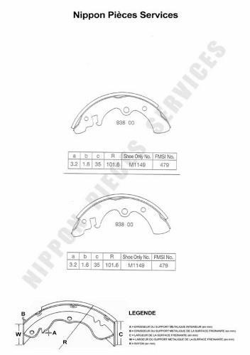 Jeu de 4 mâchoires de frein (Garniture de frein à tambour) NIPPON PIECES SERVICES ref. N350N00