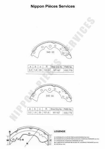 Jeu de 4 mâchoires de frein (Garniture de frein à tambour) NIPPON PIECES SERVICES ref. N350N04