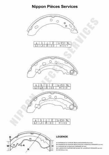 Jeu de 4 mâchoires de frein (Garniture de frein à tambour) NIPPON PIECES SERVICES ref. N350N50