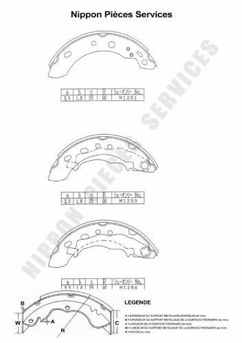 Jeu de 4 mâchoires de frein (Garniture de frein à tambour) NIPPON PIECES SERVICES ref. N350N51
