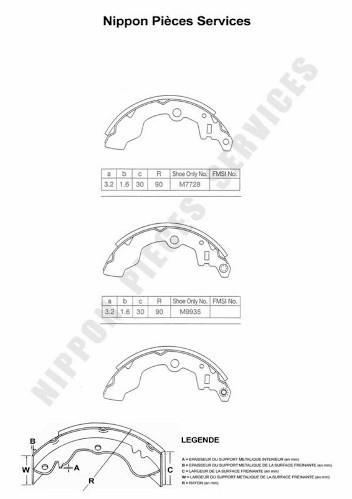 Jeu de 4 mâchoires de frein (Garniture de frein à tambour) NIPPON PIECES SERVICES ref. S350I27