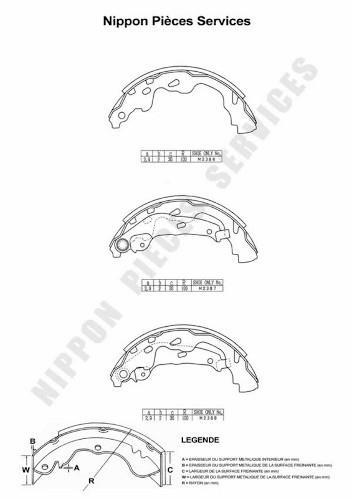 Jeu de 4 mâchoires de frein (Garniture de frein à tambour) NIPPON PIECES SERVICES ref. T350A15