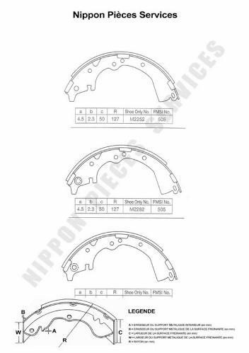 Jeu de 4 mâchoires de frein (Garniture de frein à tambour) NIPPON PIECES SERVICES ref. T350A16