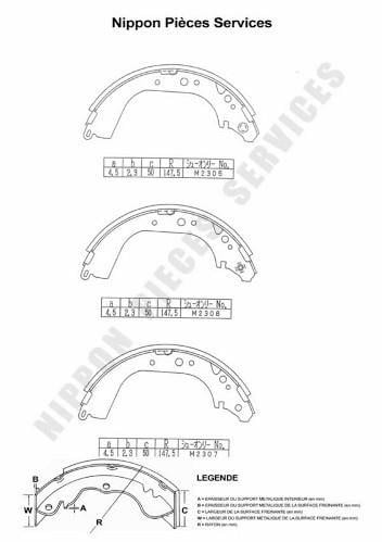 Jeu de 4 mâchoires de frein (Garniture de frein à tambour) NIPPON PIECES SERVICES ref. T350A39
