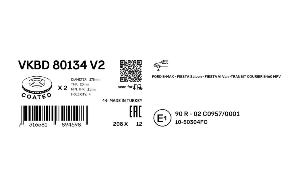 Discos de freno SKF ref. VKBD 80134 V2