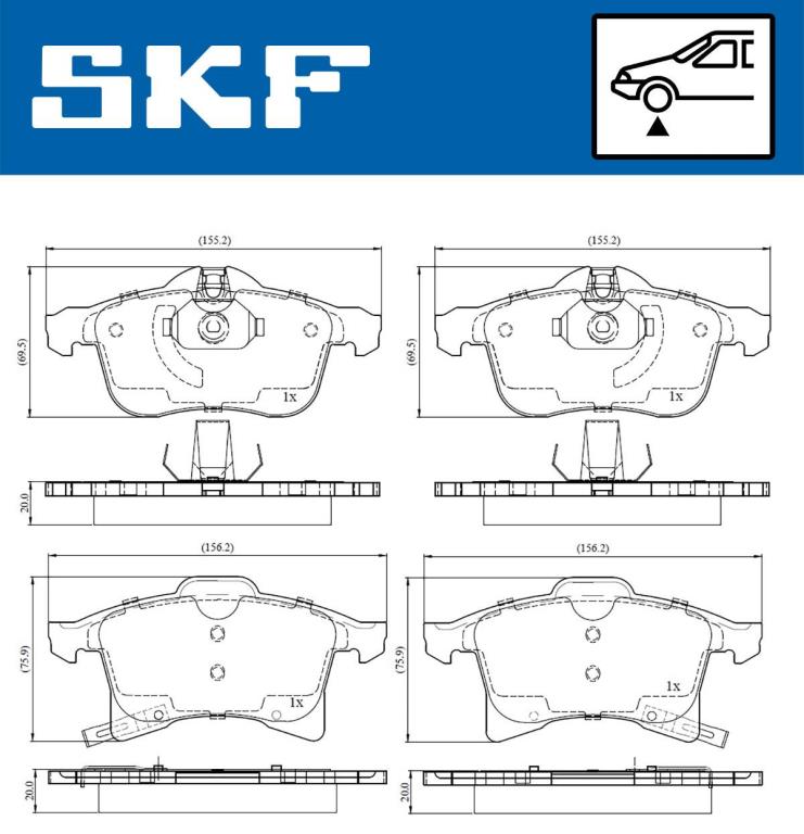 Jeu de 4 plaquettes de frein SKF ref. VKBP 80043 A