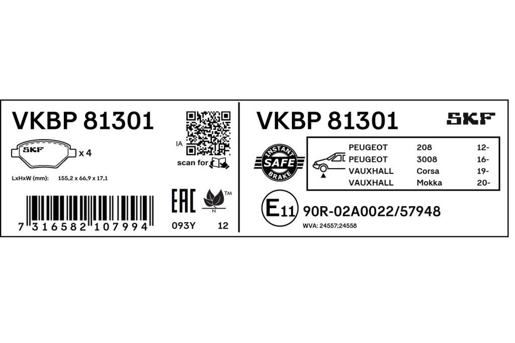 Jeu de 4 plaquettes de frein SKF ref. VKBP 81301