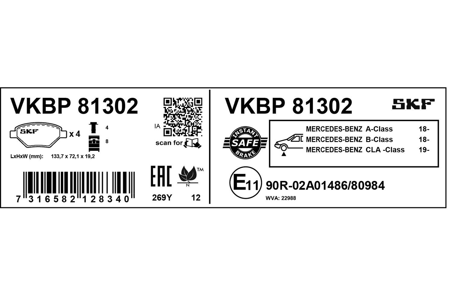 Jogo de 4 pastilhas de travão SKF VKBP 81302