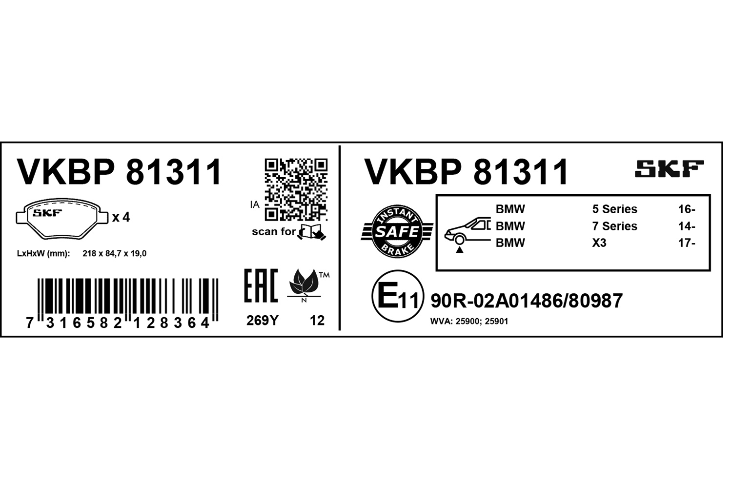Jeu de 4 plaquettes de frein SKF VKBP 81311
