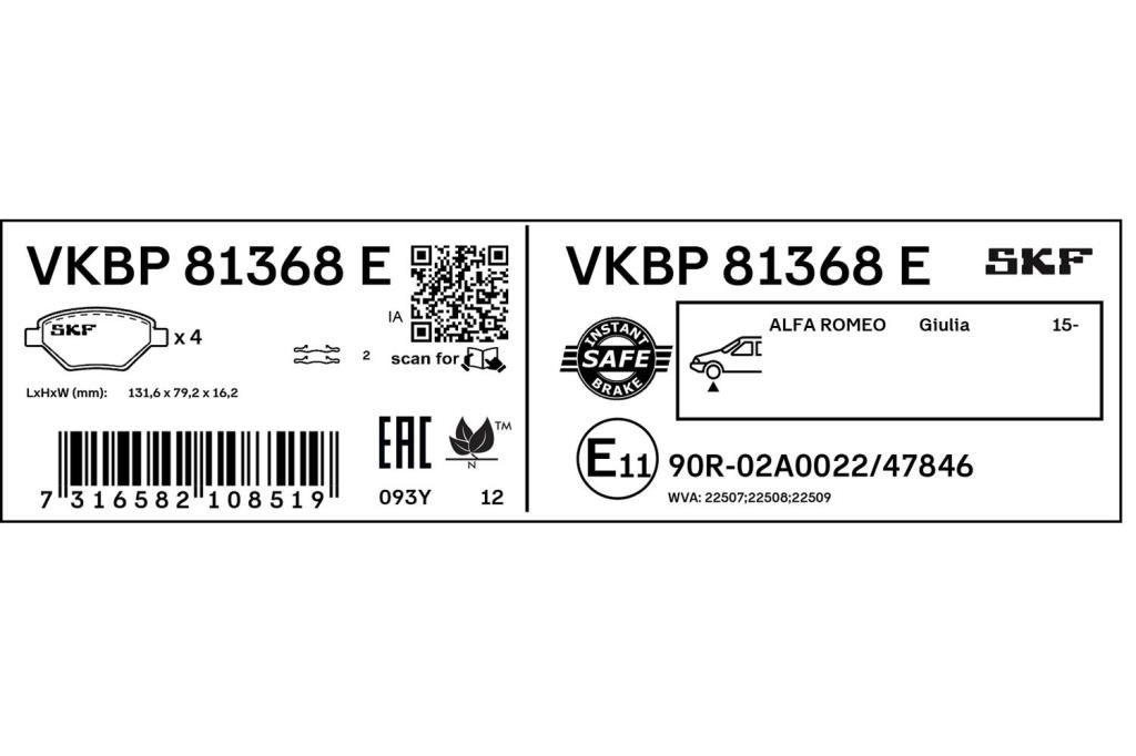Jeu de 4 plaquettes de frein SKF ref. VKBP 81368 E