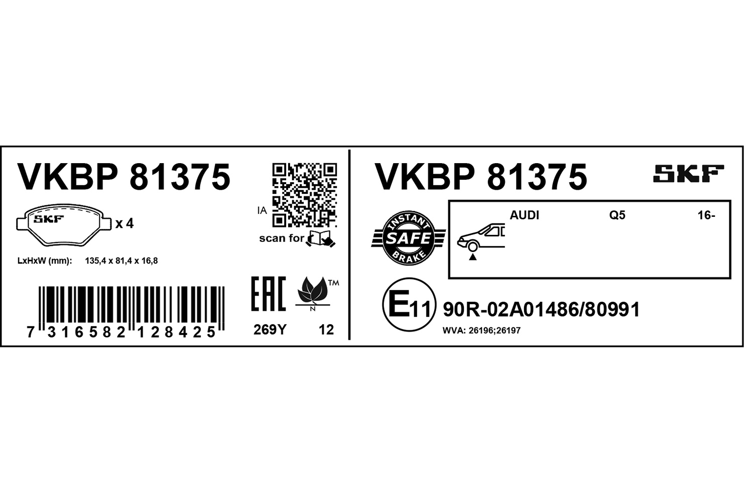 Jogo de 4 pastilhas de travão SKF VKBP 81375