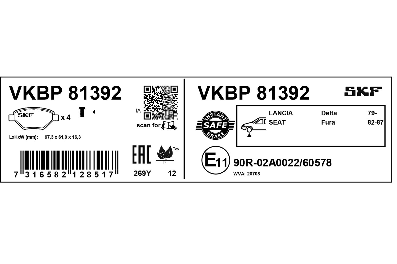 Jeu de 4 plaquettes de frein SKF VKBP 81392