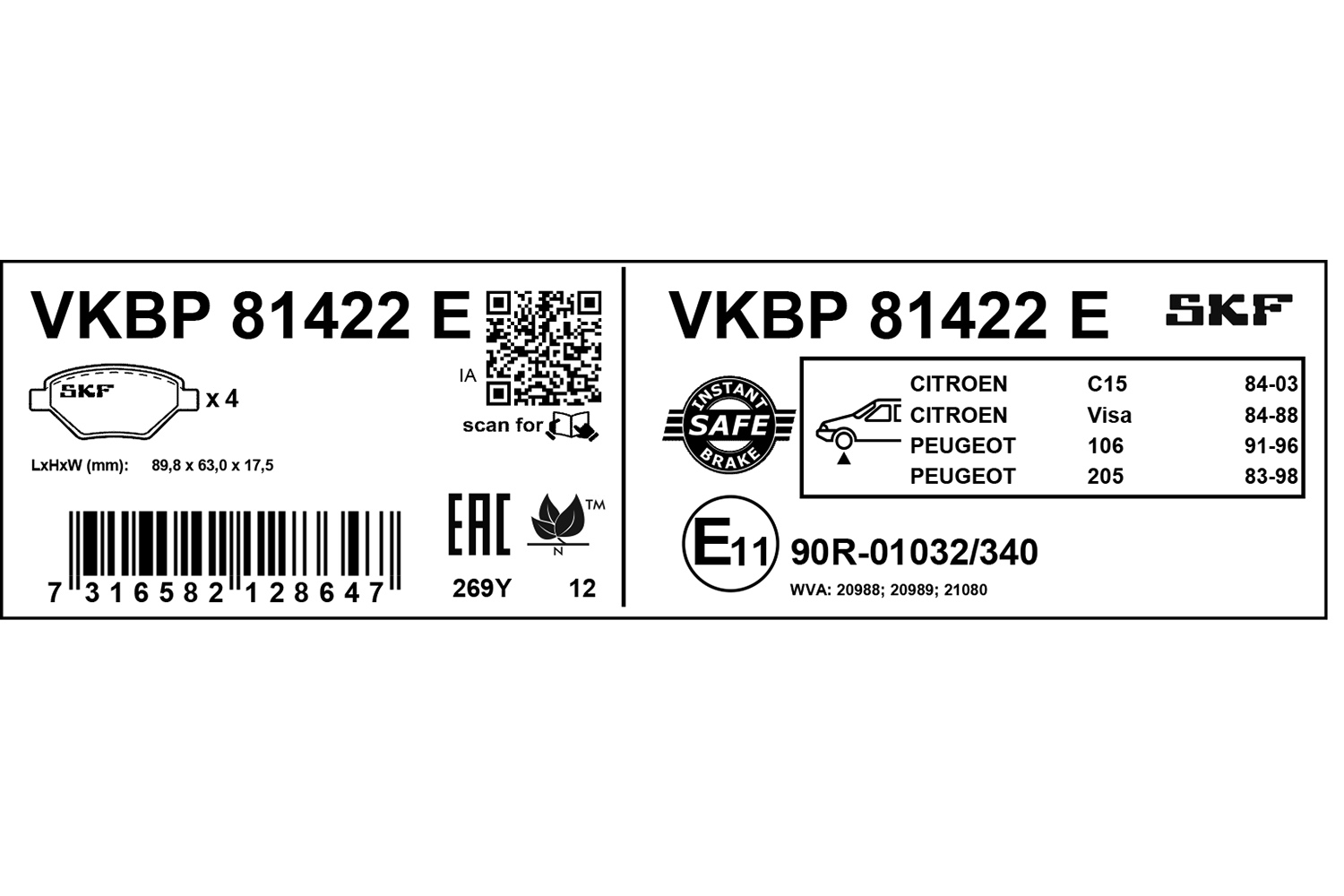Jeu de 4 plaquettes de frein SKF VKBP 81422 E