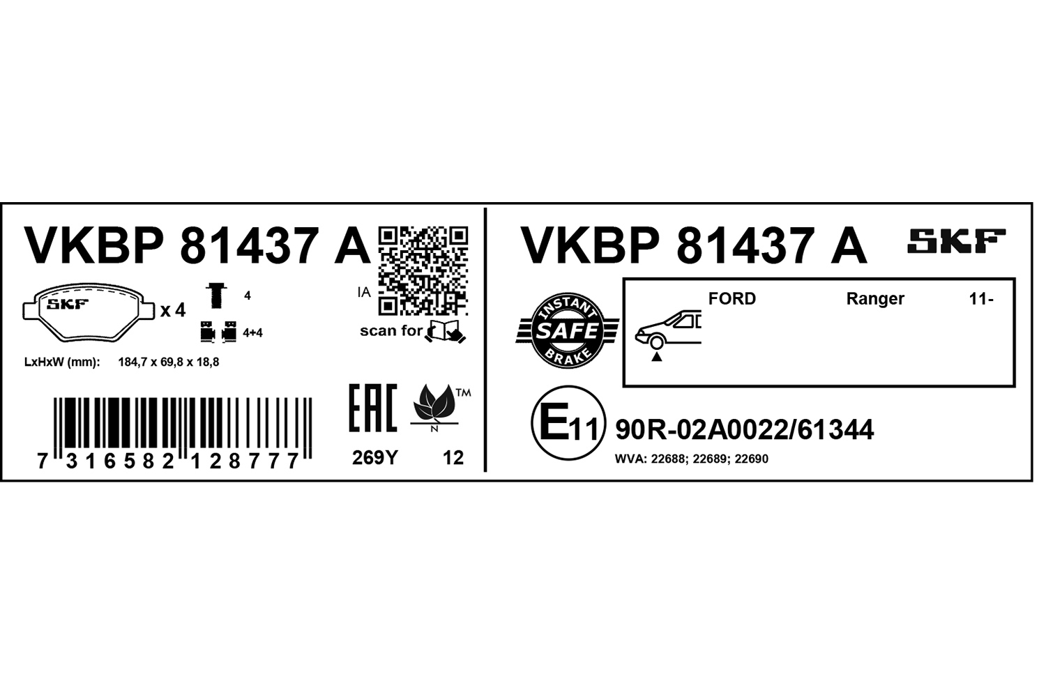 Jeu de 4 plaquettes de frein SKF VKBP 81437 A