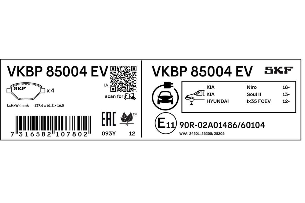 Jeu de 4 plaquettes de frein SKF ref. VKBP 85004 EV