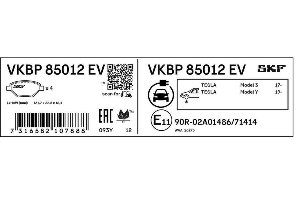 Jeu de 4 plaquettes de frein SKF ref. VKBP 85012 EV