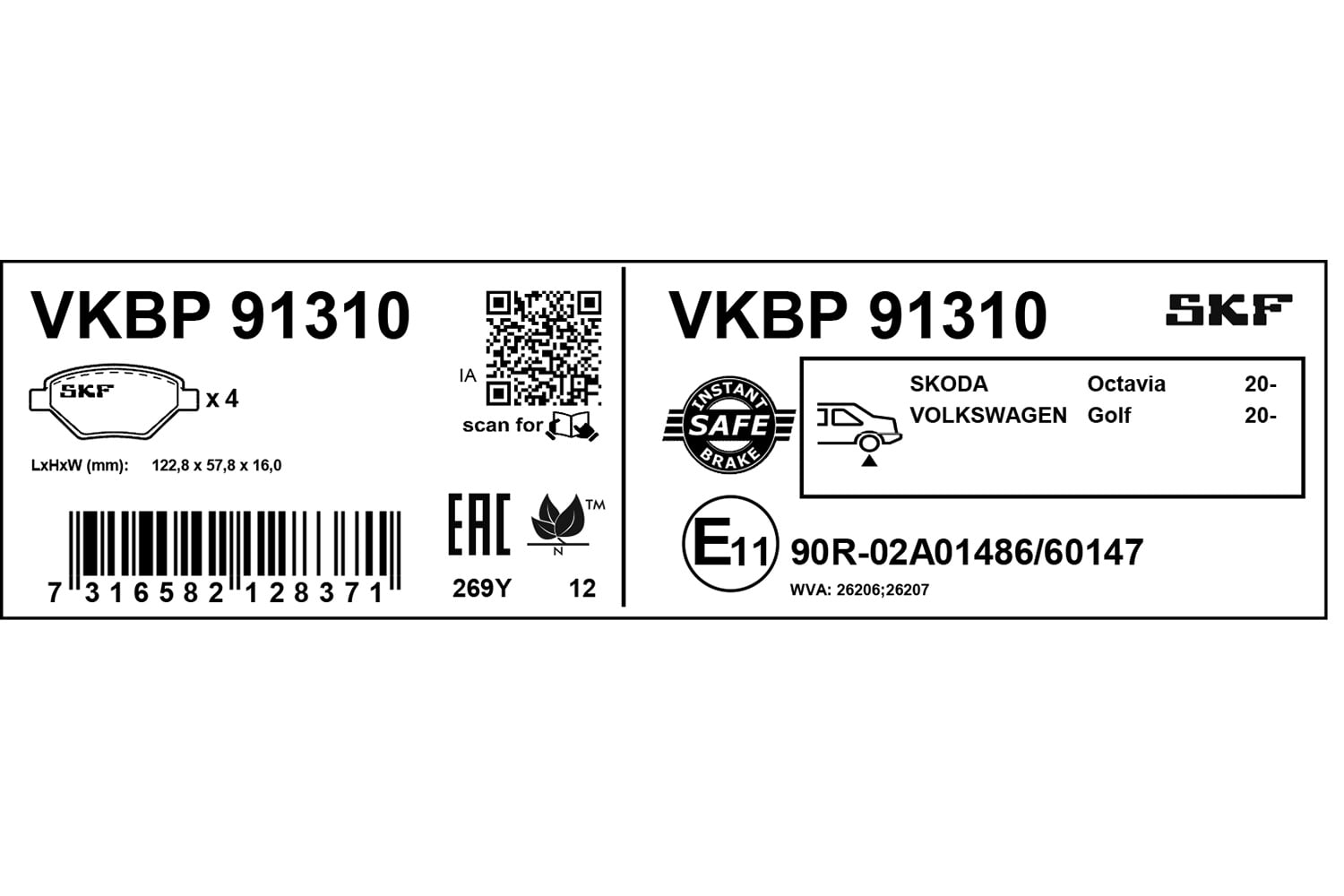 Jeu de 4 plaquettes de frein SKF VKBP 91310
