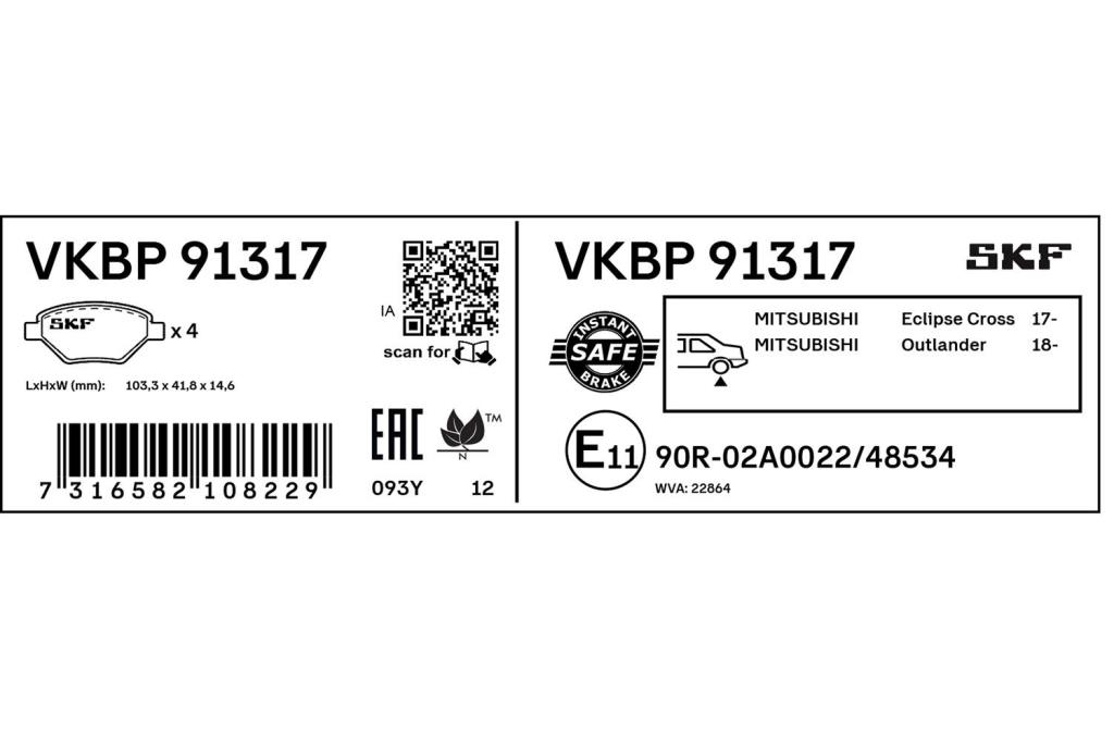 Jeu de 4 plaquettes de frein SKF ref. VKBP 91317