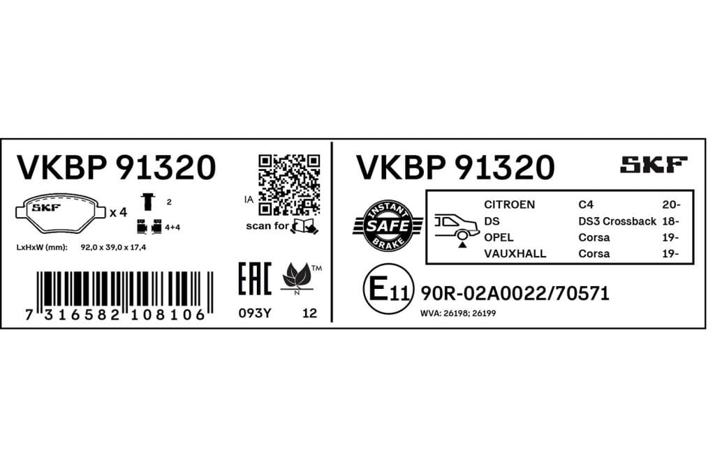 Jogo de 4 pastilhas de travão SKF ref. VKBP 91320