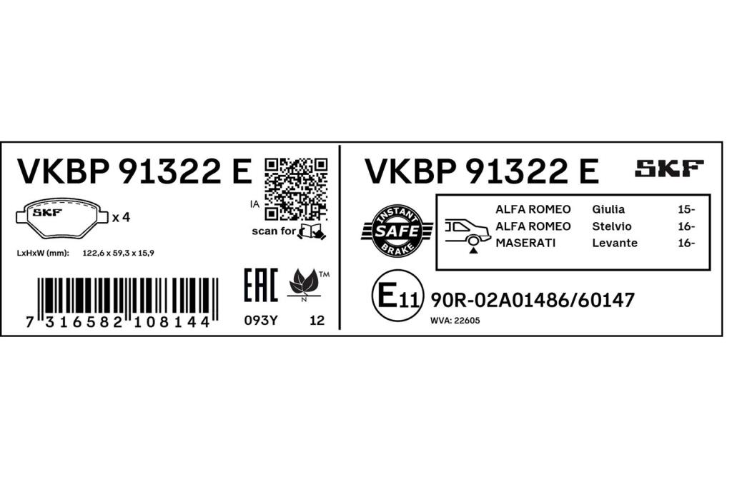 Jeu de 4 plaquettes de frein SKF ref. VKBP 91322 E